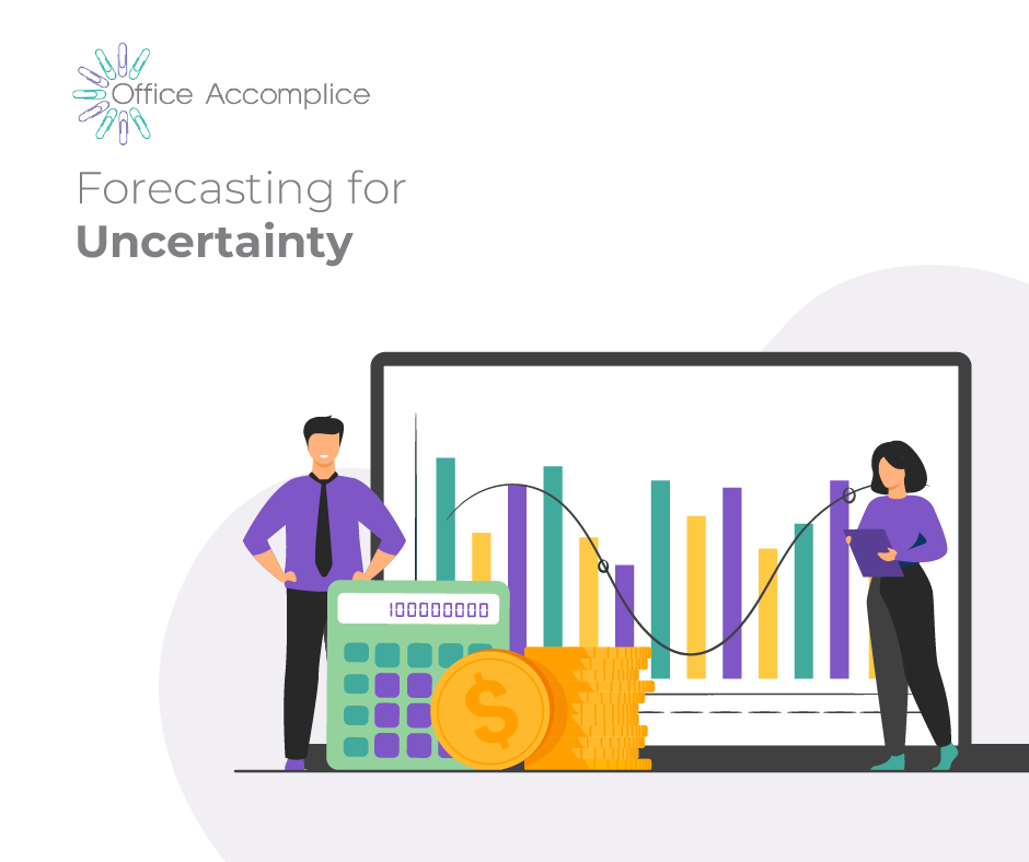 Cartoon of business professionals standing near graphs and money, concept for forecasting for uncertainty